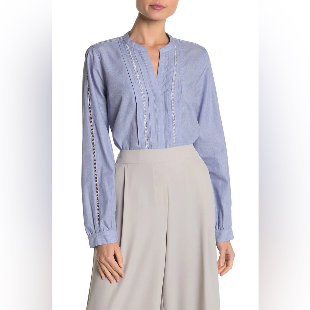 NWT Dkny Women Blue Pleated Ladder Trim button up Shirt Size XS